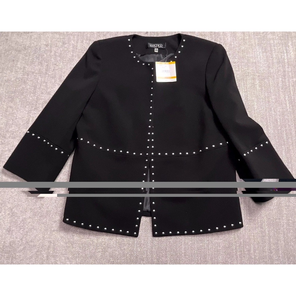 Kasper Blazer Jacket Womens Small Black Studded Detail Open Front Long Sleeve